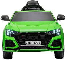 Alt text: "Green Audi RS Q8 electric ride-on 12 Volt, styled as kids SUV.