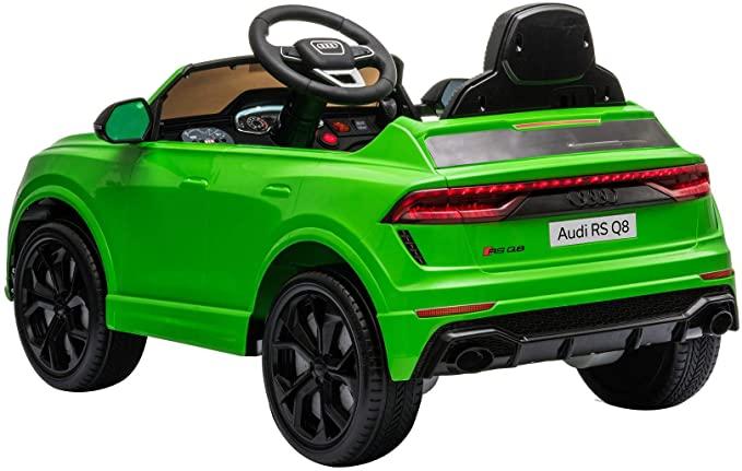 Green Audi RS Q8 toy replica, 12 Volt electric ride-on SUV for kids