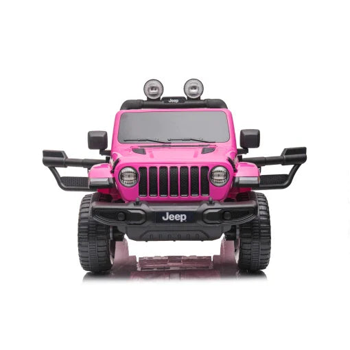 Red 4WD 12V Rubicon children's ride-on car with oversized wheels on a white background".