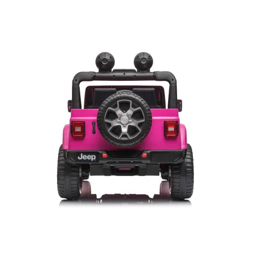 Rear view of a pink 4WD 12V Rubicon children's electric ride on car, with spare tire mounted at the back.