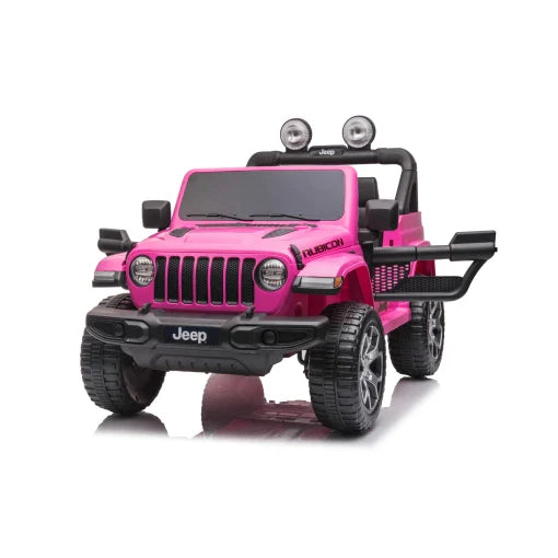 Electric pink 4WD Rubicon with 'recon' label, children's ride on car against white.