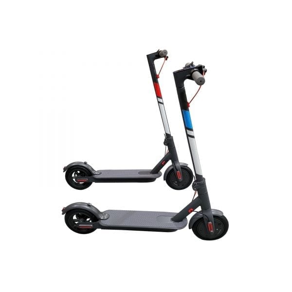 Two M1 adult electric scooters, upright and folded, isolated on white background.