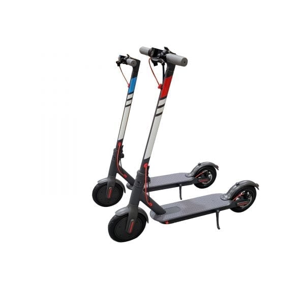 Two adult M1 electric scooters standing upright
