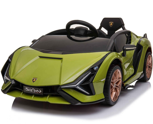 "Green and Black Lamborghini Sian electric ride-on car with MP4 screen and parental control, perfect for attracting attention."