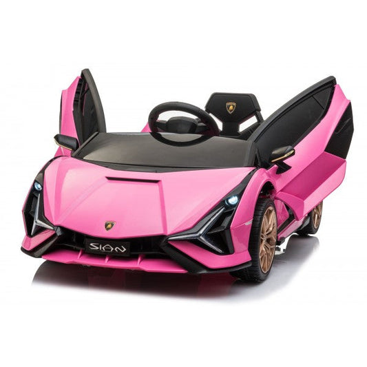 "Pink Lamborghini Sian Electric Ride-On Car with MP4 Screen and Parental Control on a White Background"
