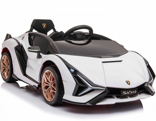 "White and black 12V Lamborghini Sián electric ride-on car with MP4 screen and parental control feature"