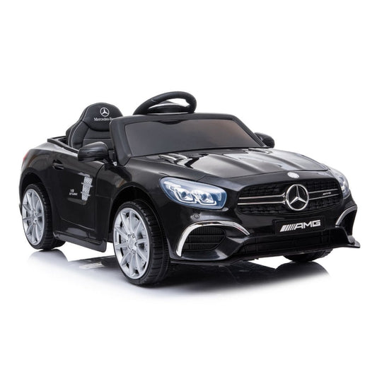 A black Mercedes SL63 electric ride-on toy car for kids with safety features, modeled after a Mercedes-AMG, displayed against a white backdrop.