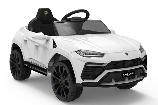 "White Lamborghini Urus electric ride-on SUV toy car for kids on a white background"