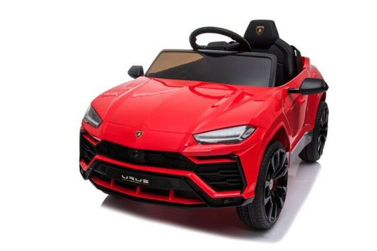 "Red Lamborghini Urus Ride On, Electric SUV 12 Volt for kids, on a white background."
