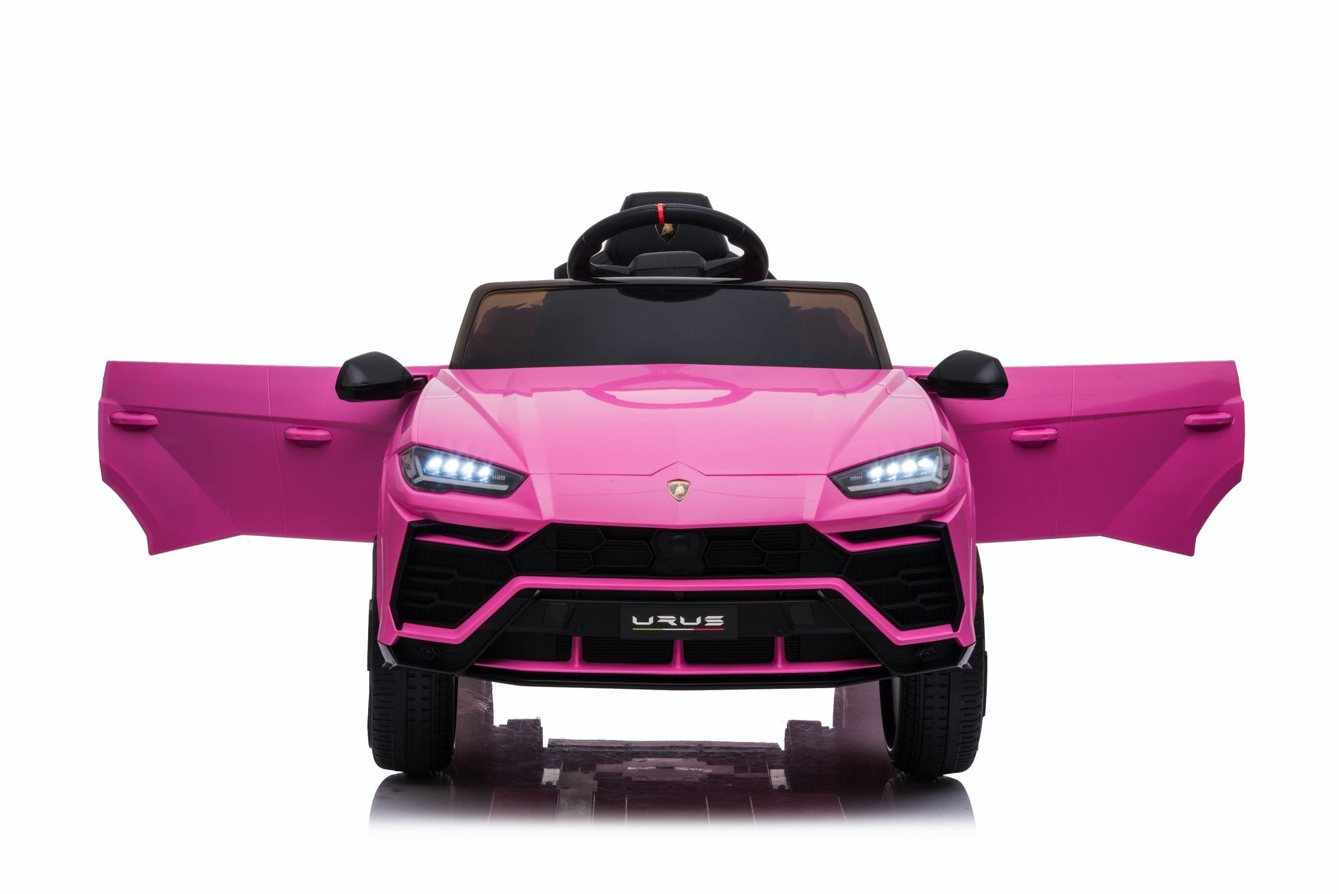 Pink Lamborghini Urus Toy SUV with open doors for kids, electric powered, isolated on white
