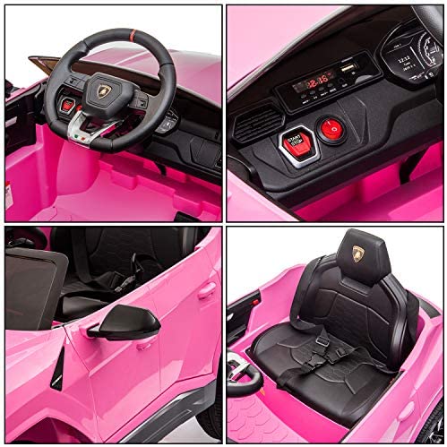 Collage of pink Lamborghini Urus electric ride-on car for kids, showcasing steering wheel, dashboard, seat and door details".