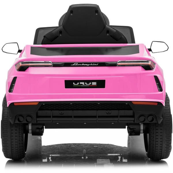 Rear view of pink Lamborghini Urus ride-on electric SUV for kids, 12 volt, on white background