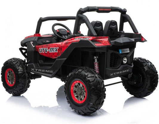 "Store's Renegade UTV-MX 24V Kids Electric Ride On in red and black with EVA tyres, LEATHER seats, and MP4 screen."