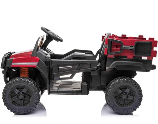 Red BDM UTV Electric Ride On Pick Up Truck with Trailer for Kids by kidscar.co.uk on a white background
