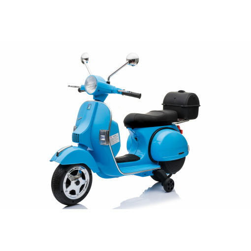 Blue electric ride-on Vespa scooter for kids with black seat and rear storage compartment