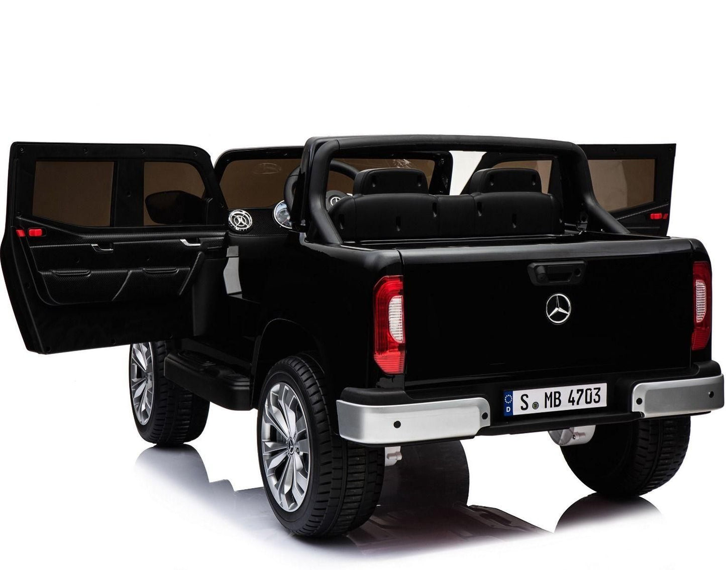 Black Mercedes X-Class kids electric ride-on pickup truck with open trunk and rear doors on a white background.