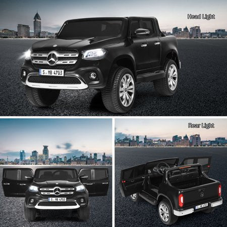 Collage of Black Mercedes X Class Pick-Up Electric Ride on, showcasing front and rear lights along with cargo bed.