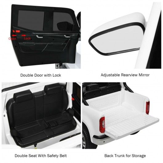 Mercedes-Benz White X-Class pickup double-door with lock for kids, Adjustable rearview mirror on a child's electric car, Double seat with safety belt in a children's ride-on car Jeep, Back trunk for storage in 24v 4WD battery-operated kids car.
