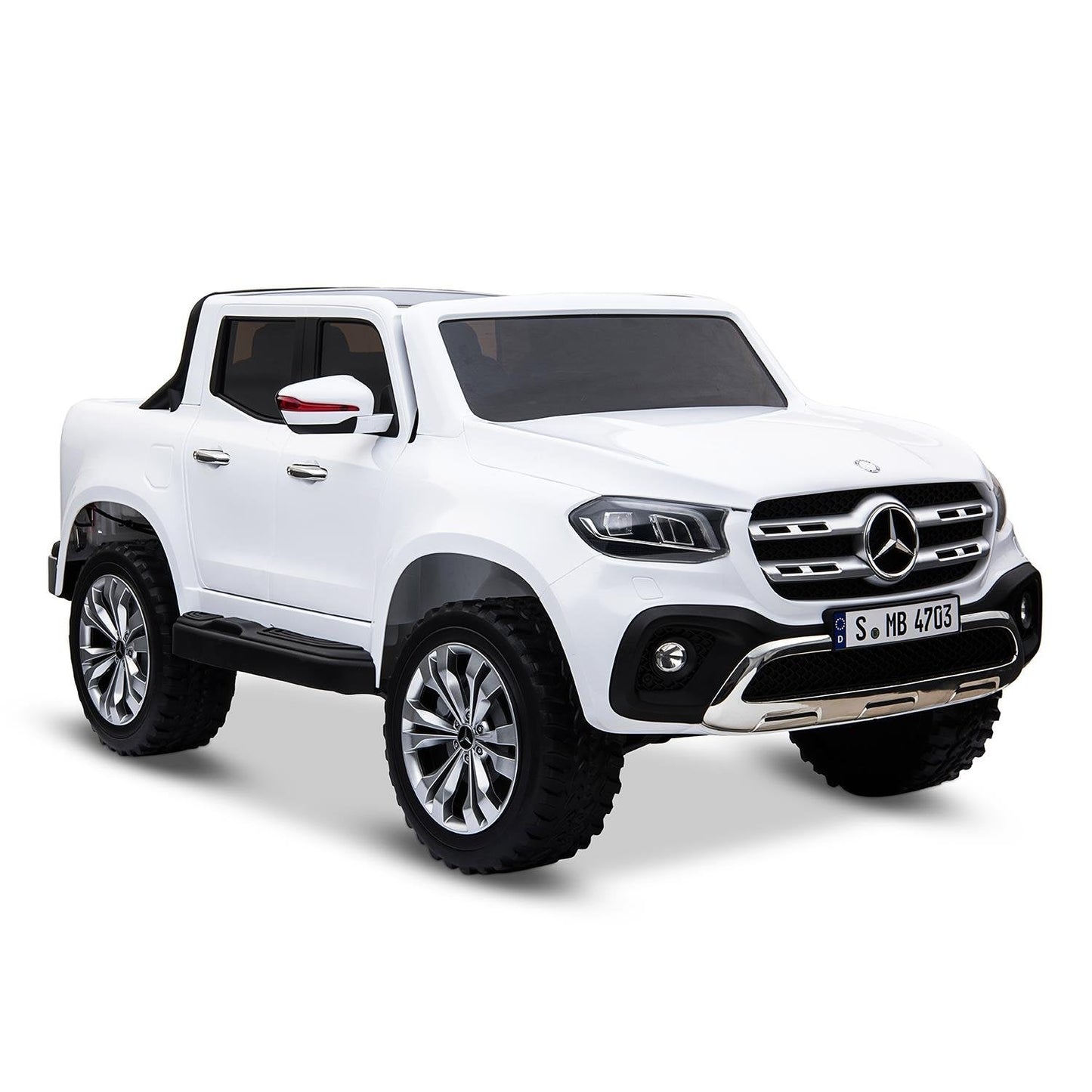 White Mercedes-Benz X Class pickup truck electric ride-on toy for kids on a white background.