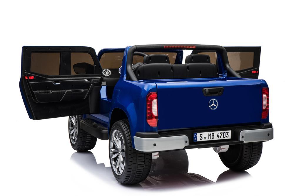 Blue Mercedes X Class electric ride-on for kids with open tailgate and rear doors