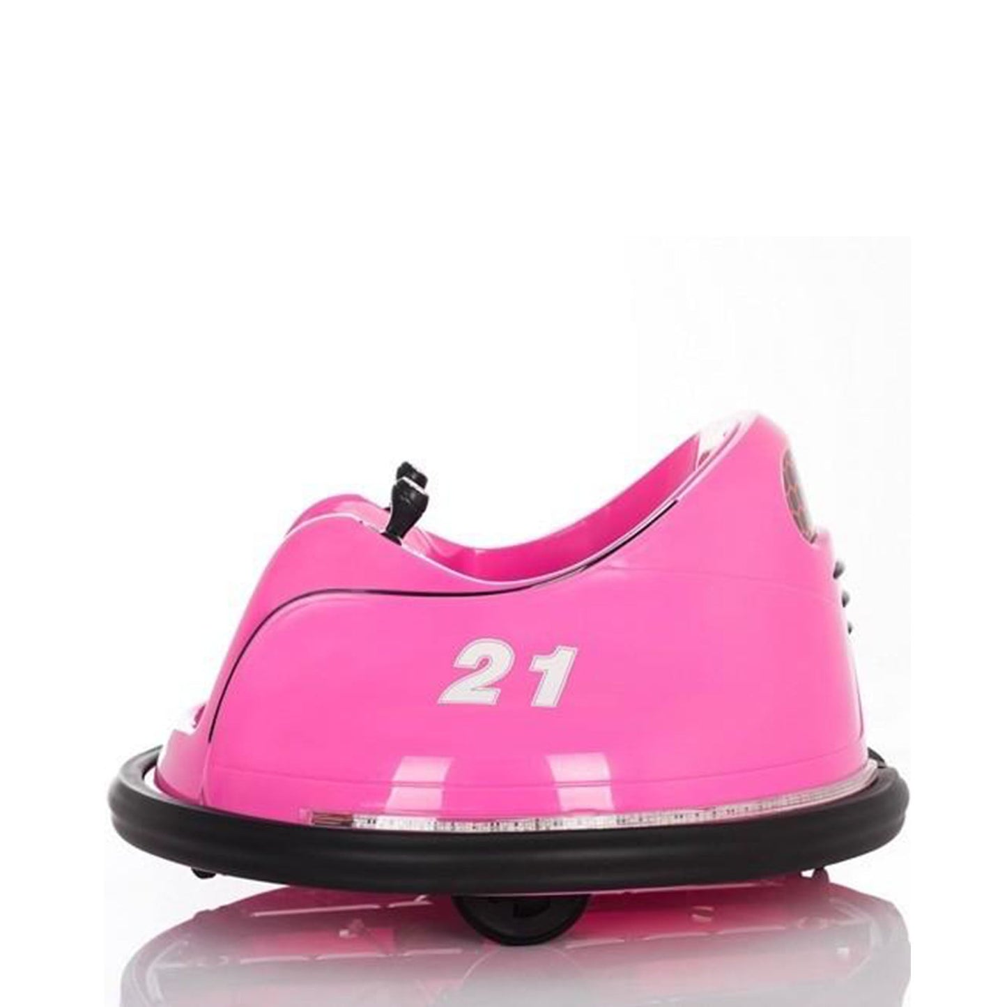 "12 Volt Pink Rebo Waltzer Children's Bumper Car with Number 21 Decal, Electric Ride-On Toy."