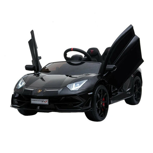 Matt Black Lamborghini SVJ children's electric car with open gull-wing doors on a white background.