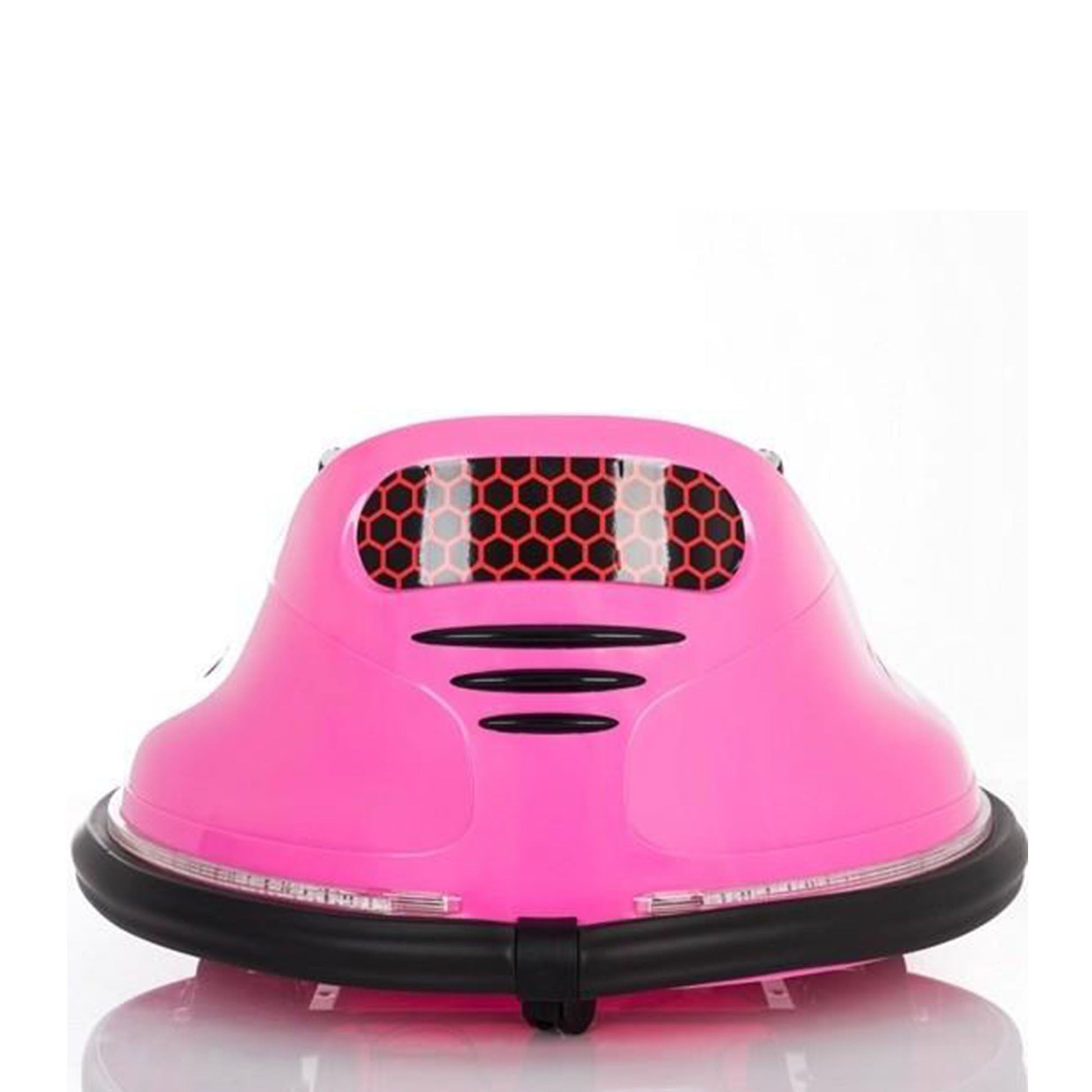 "Electric 12-volt pink Rebo kids bumper car spinning on a white surface"