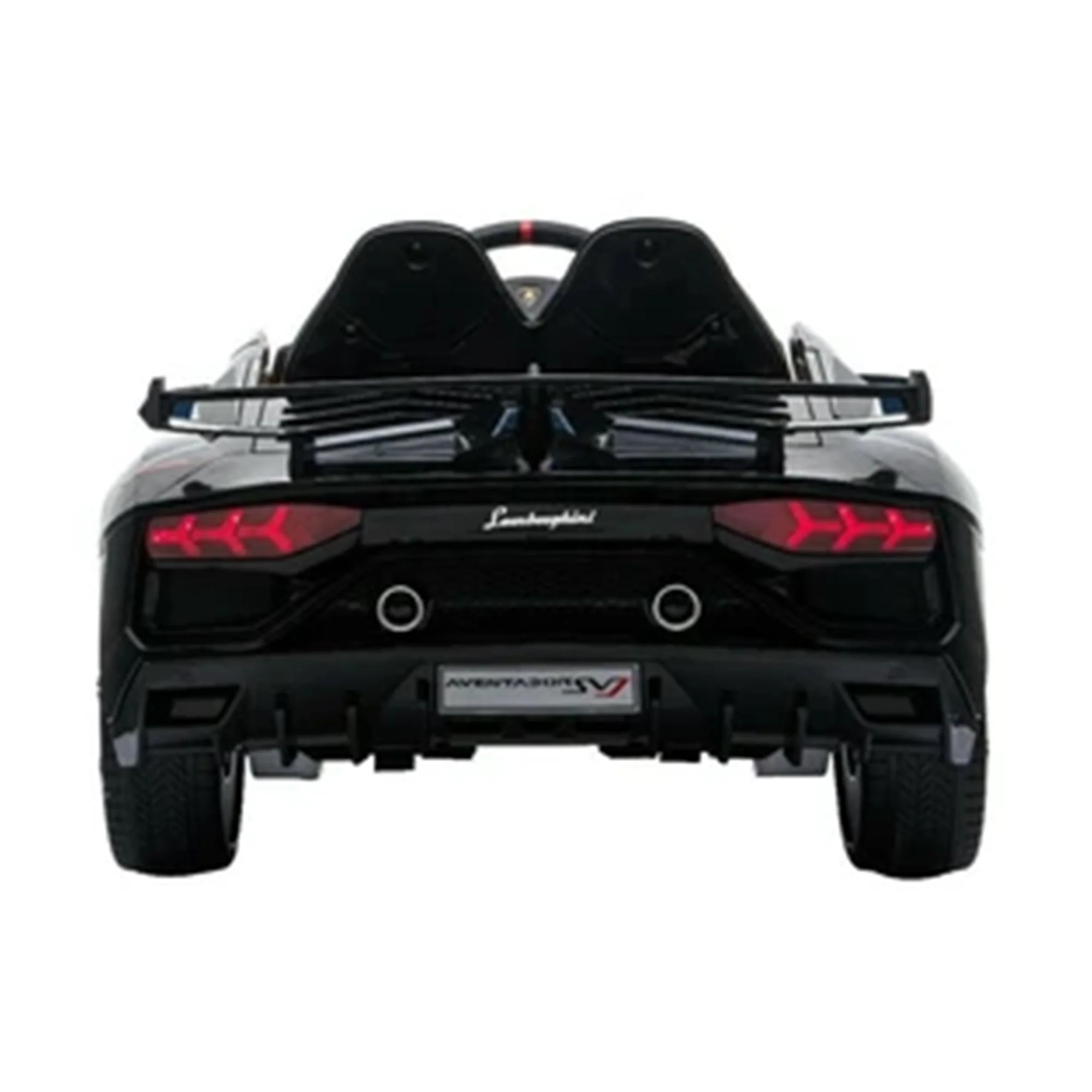 "Matt Black Lamborghini SVJ ride-on for kids with remote control feature, available at Kids Car Store."