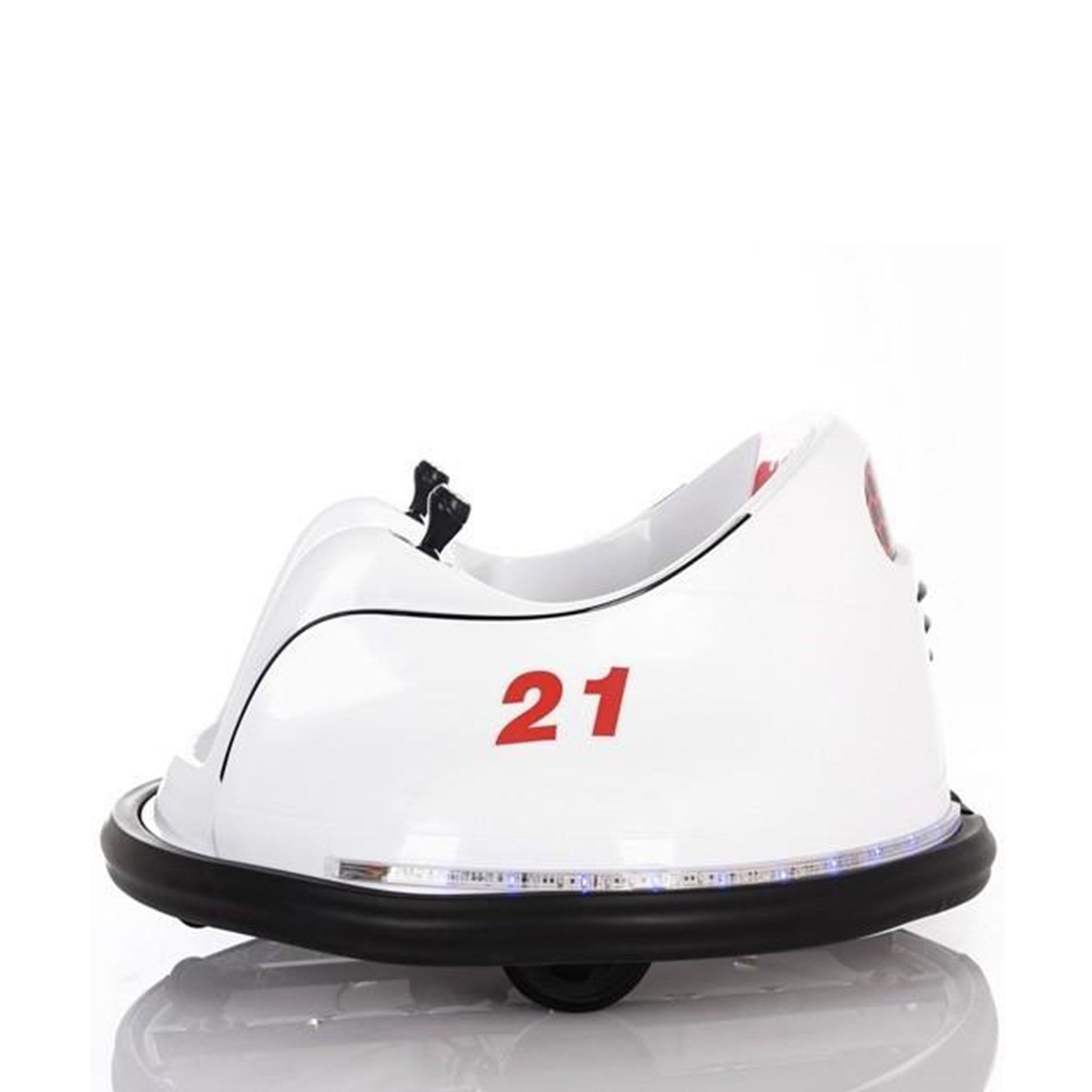 A number 21 white toy bumper car for kids, 12 volt electric ride on.