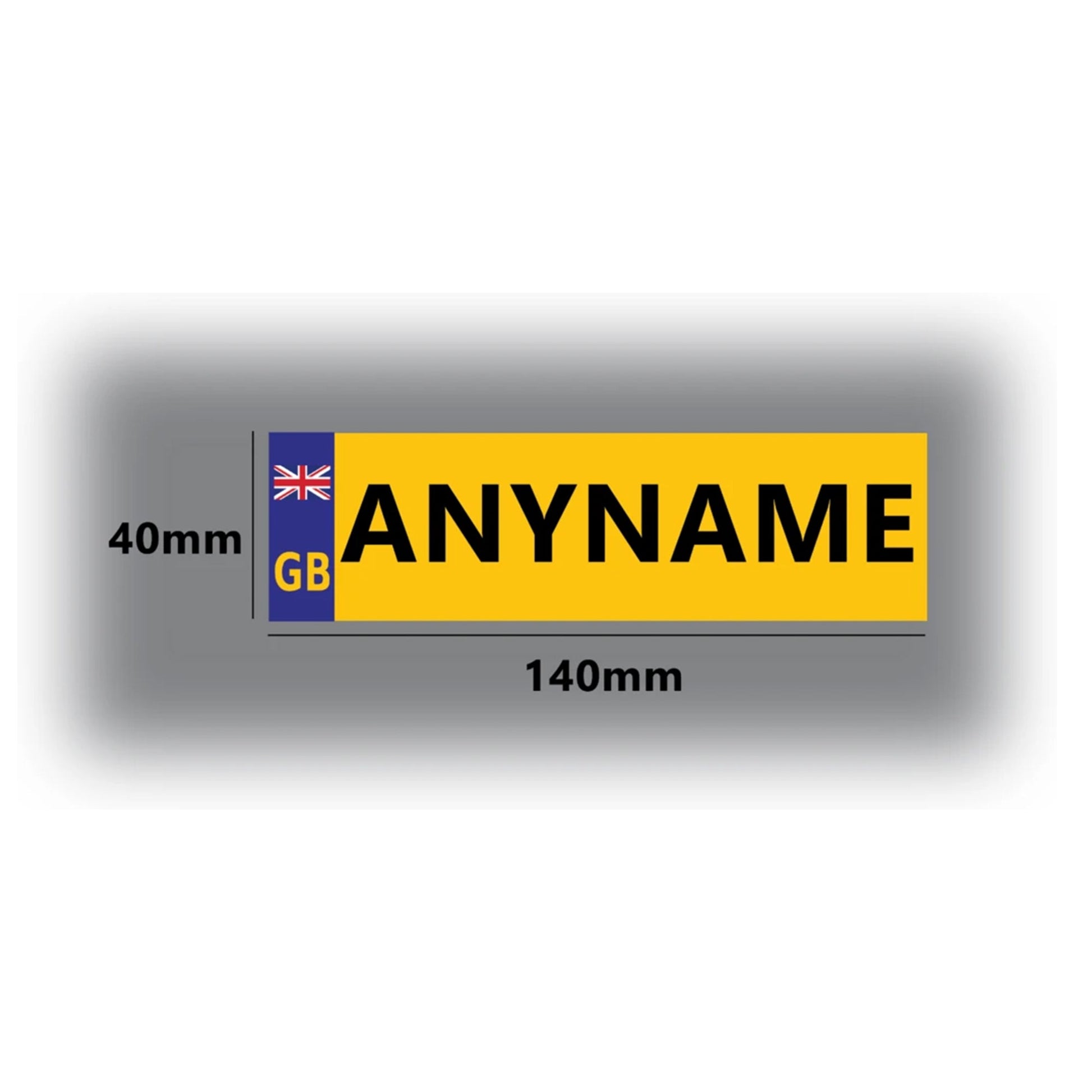 "Kids Car Store's customized toy plates reading 'anyname gb'."