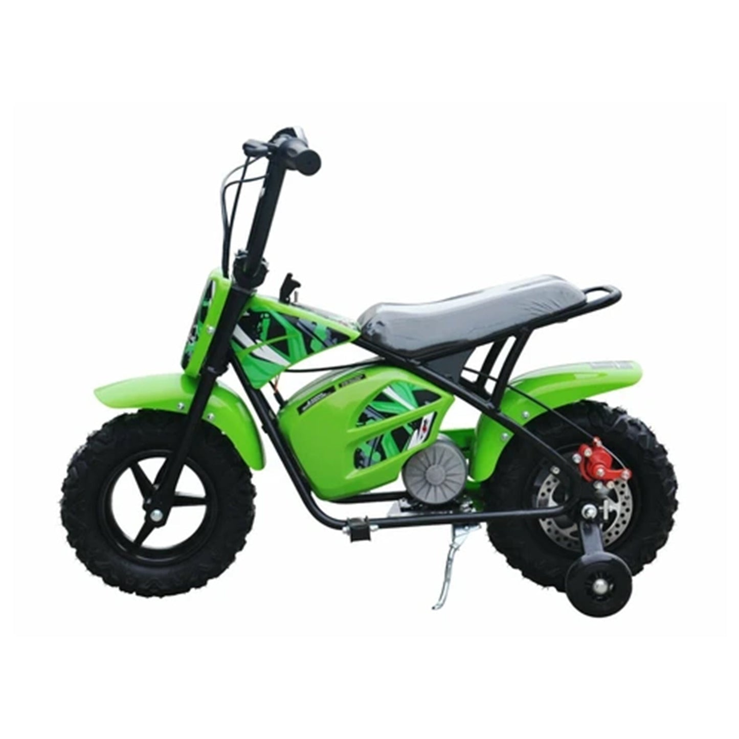 "Green Mini Dirtbike Scrambler for Kids, Electric Ride-On, 250 Watt and 12 Volt with Twist and Go Throttle, Brushless Motor on White Background."