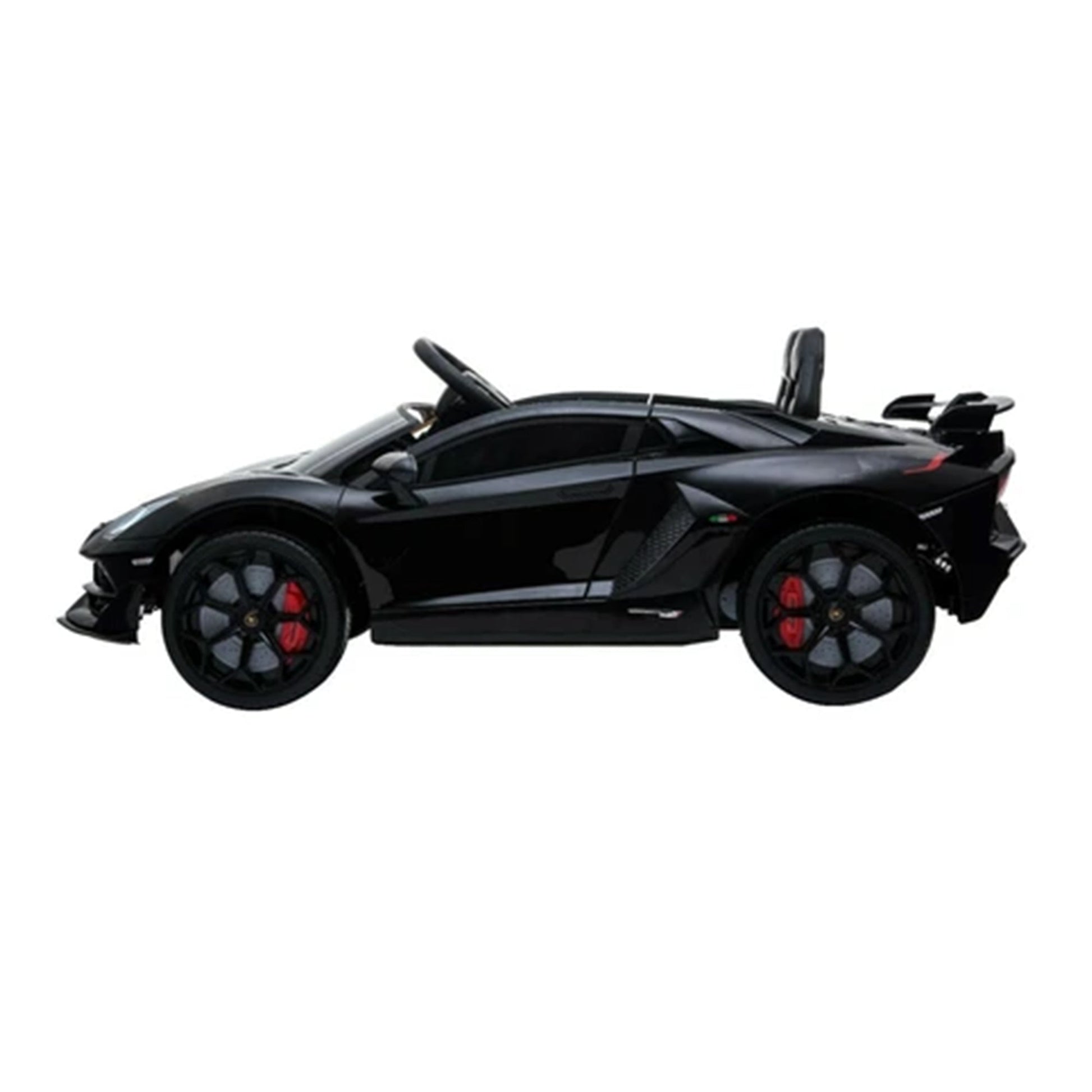 Matt Black LAMBORGHINI SVJ electric ride-on for kids with 2.4G parent remote, 12 volt sports car on a white background.