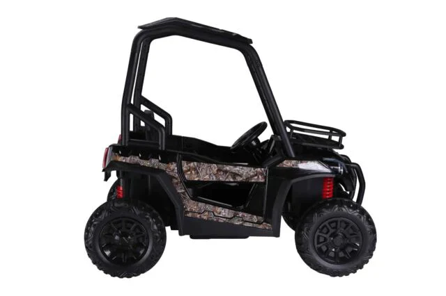 Black high-roof beach buggy for kids with camouflage detailing, 24 volt power, and a leather seat on a white background