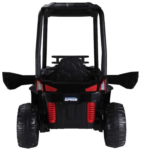 Rear view of a high roof, black 24 Volt Beach Buggy for kids with red accents and 'speed' sticker