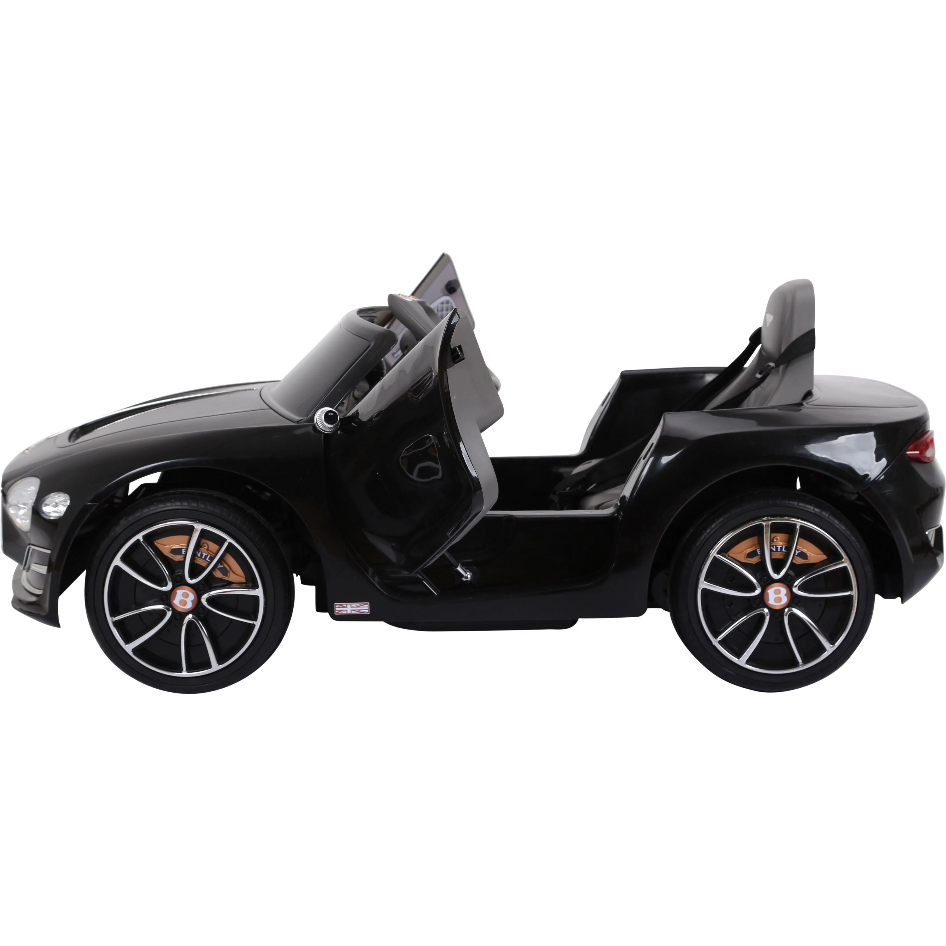 Black Bentley GT EXP12 Electric Ride-On Car for kids, 12 Volt charging, with open driver-side door.