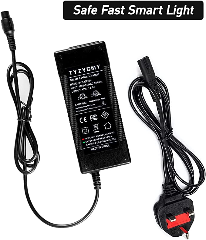 Black 24v electric ride-on charger with safety certification logos, including input and output cables for kids car.