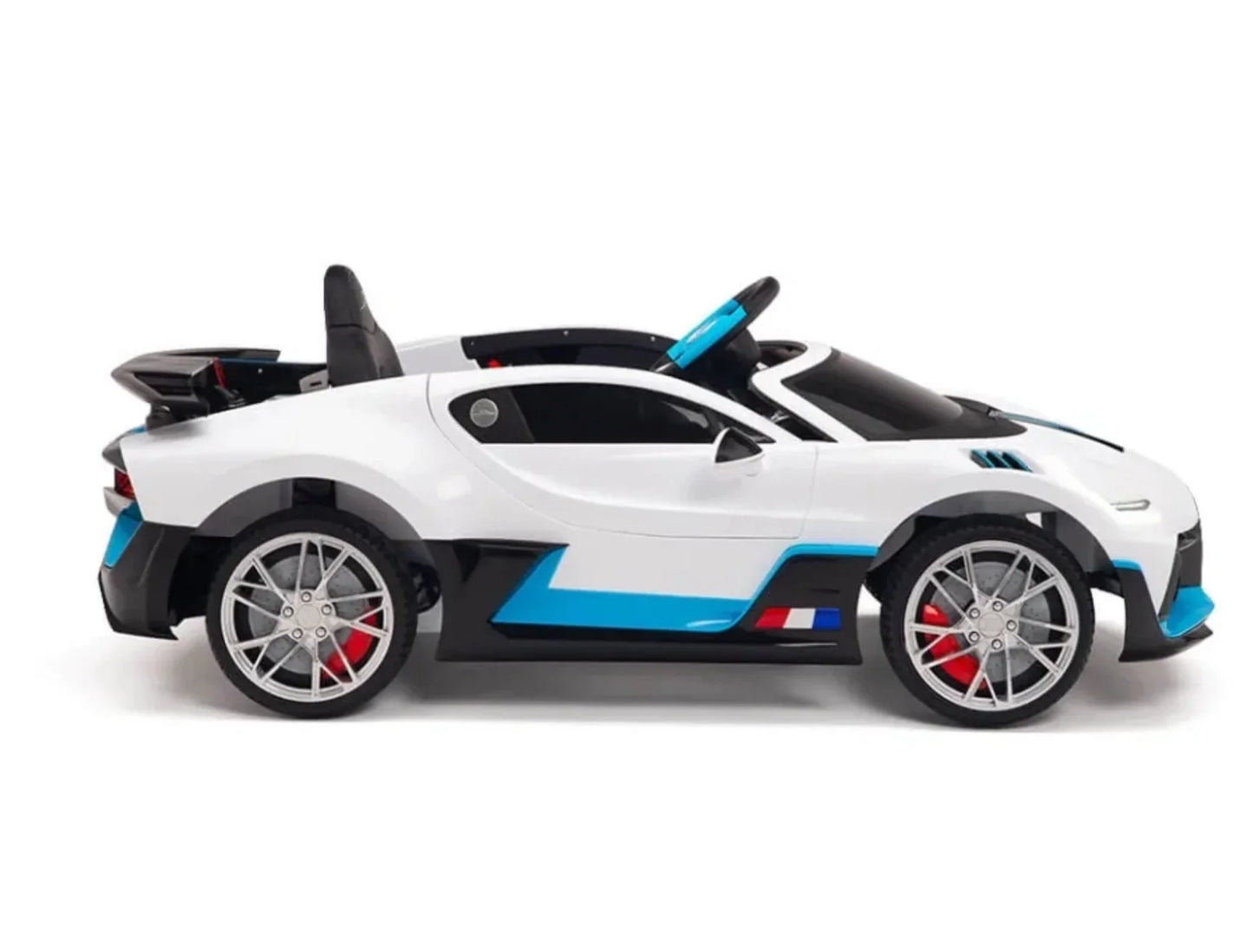 Licensed Bugatti Divo for kids with open door, electric ride on car model on white background.