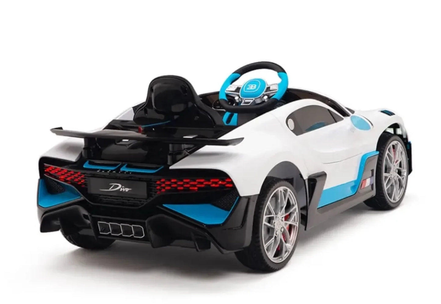 White and blue Bugatti Divo children's electric ride-on car, 12 volt with parental control and rear spoiler, on a white background.