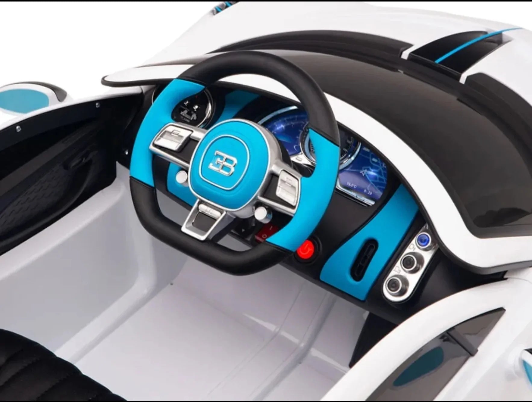 Futuristic luxury children's electric ride car interior with steering wheel, high-tech dashboard, and licensed Bugatti suspension.