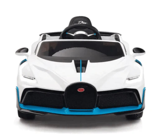 White Bugatti Divo children's electric ride on car with 12 Volt, featuring parental control and stylish black and blue accents.