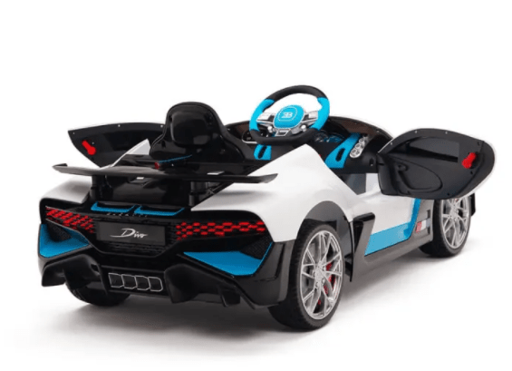 White Bugatti Divo Electric Ride-On Car for Kids with Blue and Black Detailing, Rear Spoiler, Open Doors, Parental Control Feature