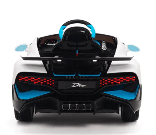 Children's black and blue electric ride-on toy car, styled after a Bugatti luxury sports car.