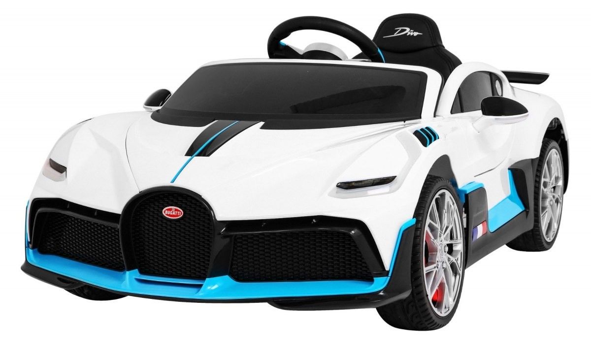 White and blue Bugatti Divo kids electric ride on car 12 volt with parental control feature