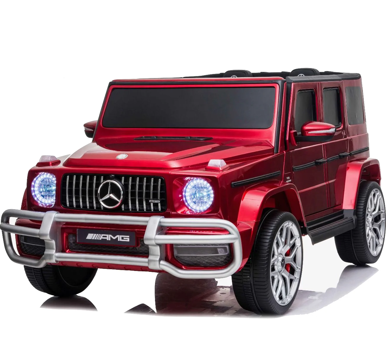 Red Mercedes G-Wagon AMG G63 2-Seater Jeep for kids, electric ride-on toy with four-wheel drive, displayed on white background.