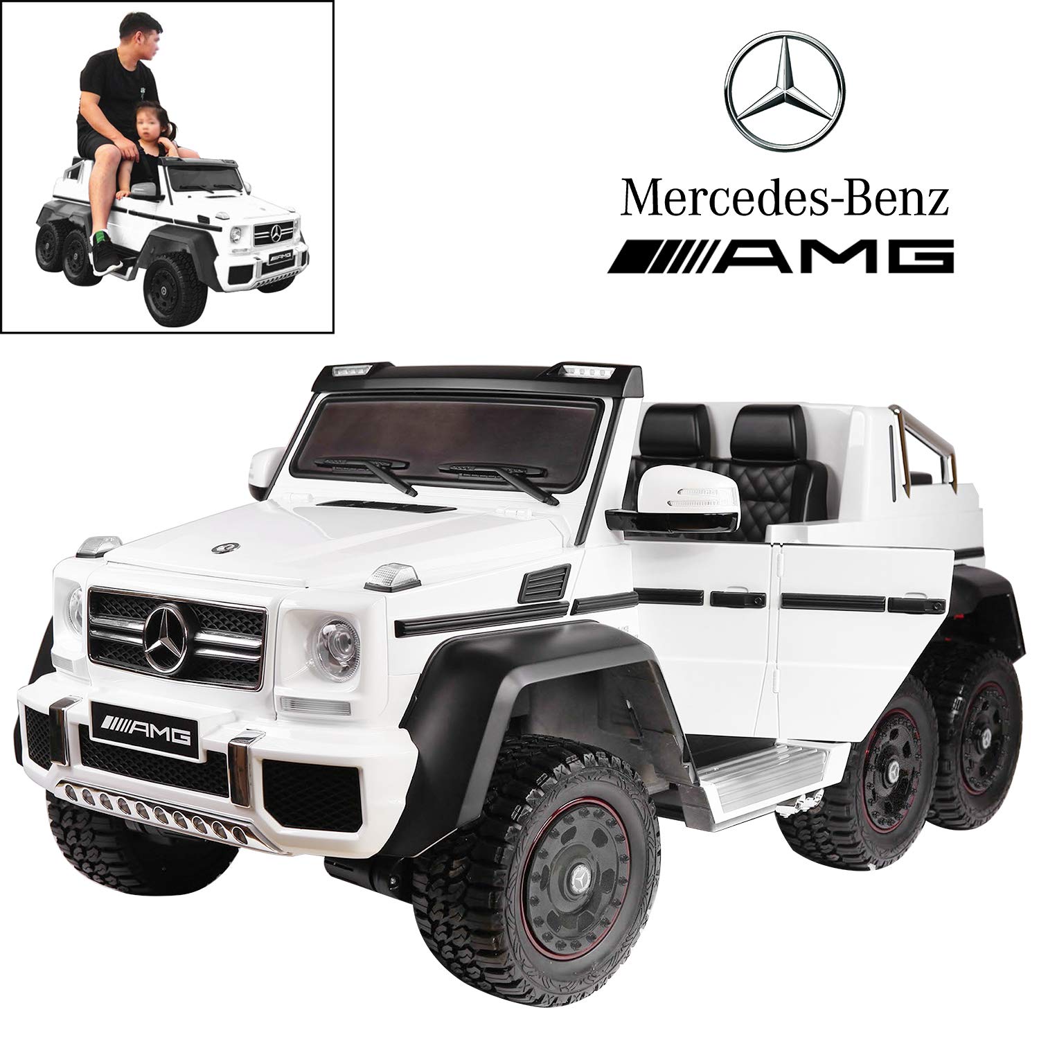 Little boy enjoying a black Mercedes G65 replica, electric ride on toy jeep.