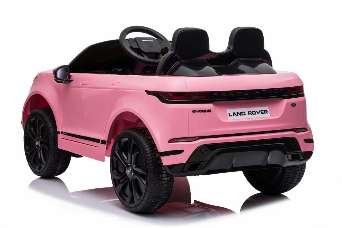 A pink, electric Range Rover Evoque for children with parental control features on white backdrop. Available at KidsCar.co.uk