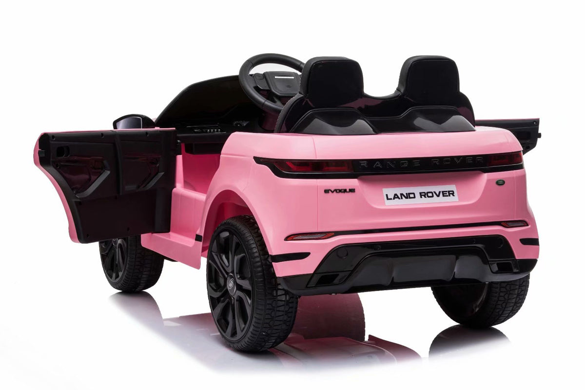 Pink Range Rover Evoque kids electric ride-on with parental control, on white backdrop. Courtesy of KidsCar.co.uk.