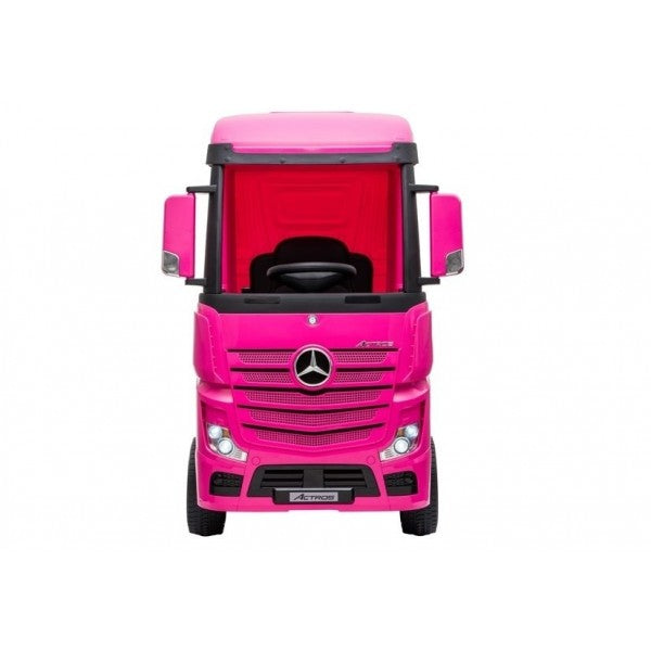 "Pink Mercedes-Benz Actros children's electric ride on lorry with parental control feature, displayed on a white background."