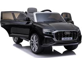 Black Audi Q8 SUV Electric Ride-On for Kids, 12 Volt, with Doors Open, on a White Background