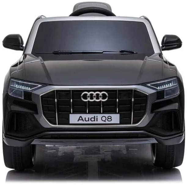 Front view of a black Audi Q8 SUV electric ride-on toy for kids, 12-volt model against a white background.